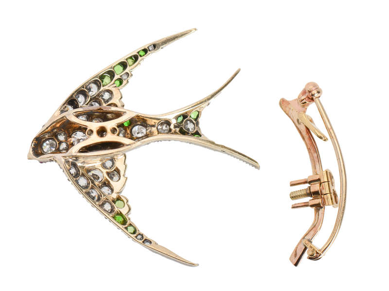 Demantoid Garnet Diamond Swallow Bird Brooch