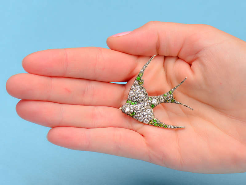 Demantoid Garnet Diamond Swallow Bird Brooch