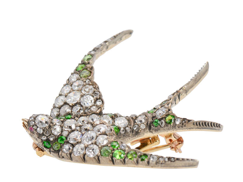 Demantoid Garnet Diamond Swallow Bird Brooch