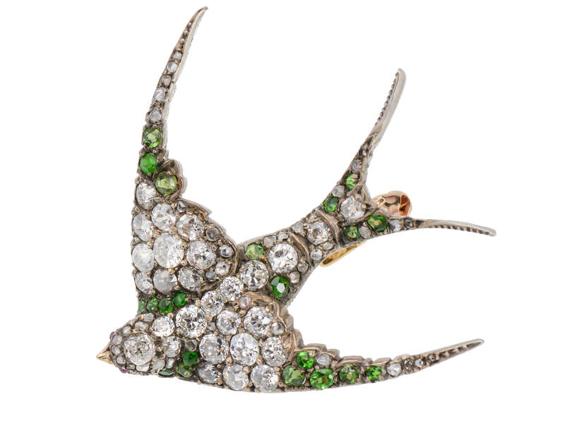 Demantoid Garnet Diamond Swallow Bird Brooch