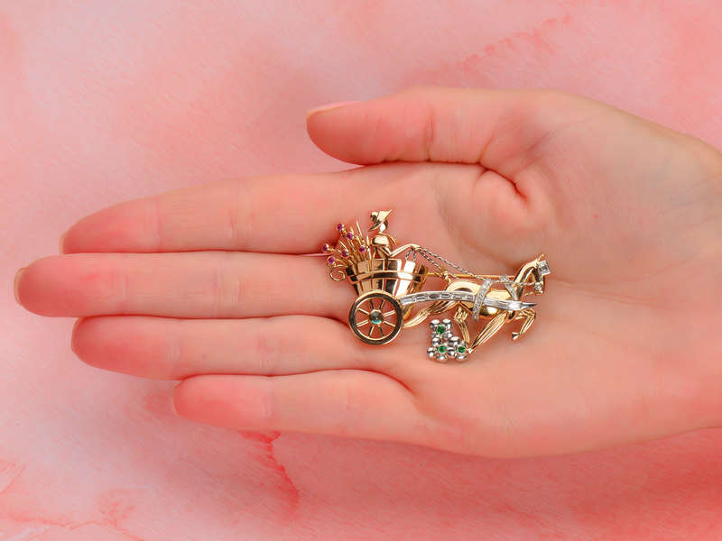 Retro Era Gold Flower Cart & Donkey Brooch