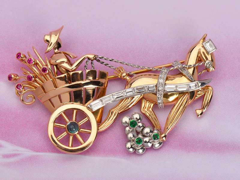 Retro Era Gold Flower Cart & Donkey Brooch