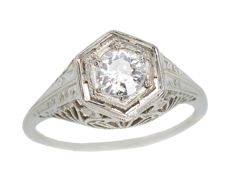 Art Deco Diamond Solitaire Ring - Intricate Filigree