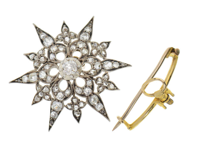 Victorian Diamond Star & Crescent Moon Brooch Pendant