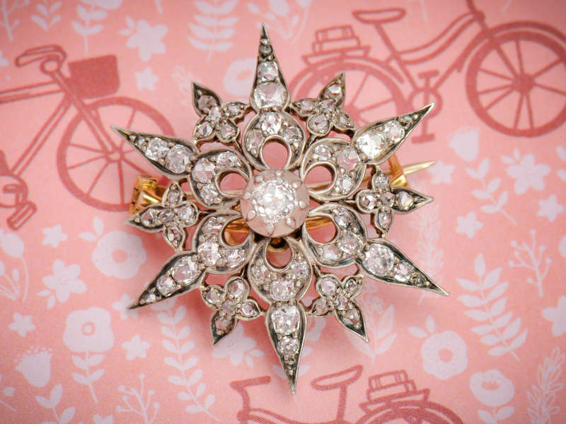 Victorian Diamond Star & Crescent Moon Brooch Pendant