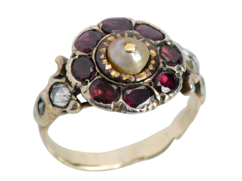 Georgian Garnet Diamond & Natural Pearl Ring