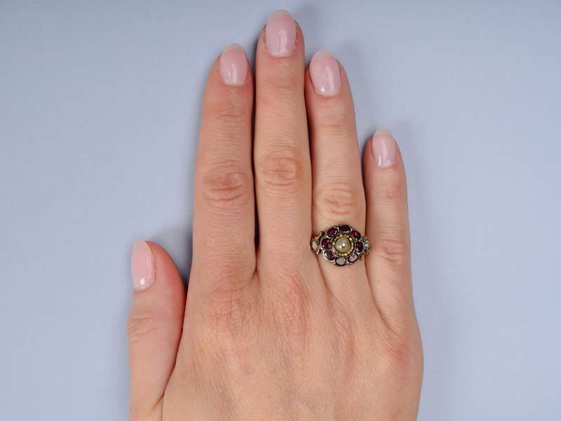 Georgian Garnet Diamond & Natural Pearl Ring