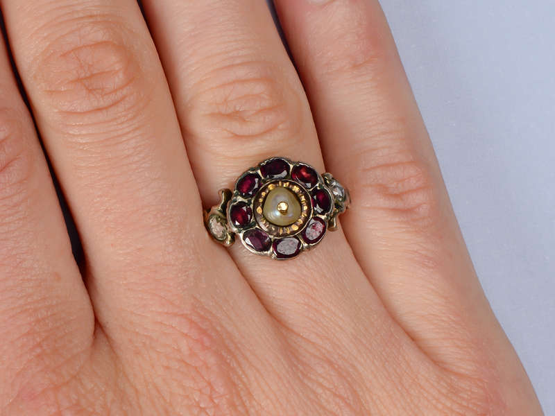 Georgian Garnet Diamond & Natural Pearl Ring