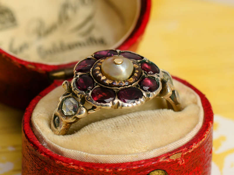 Georgian Garnet Diamond & Natural Pearl Ring