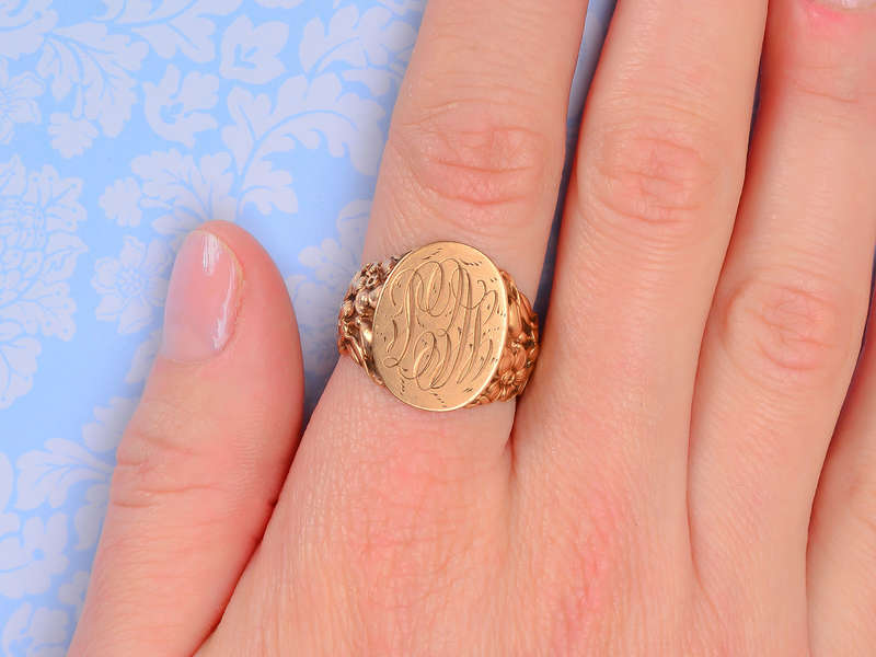 Antique Rose Gold Floral Signet Ring