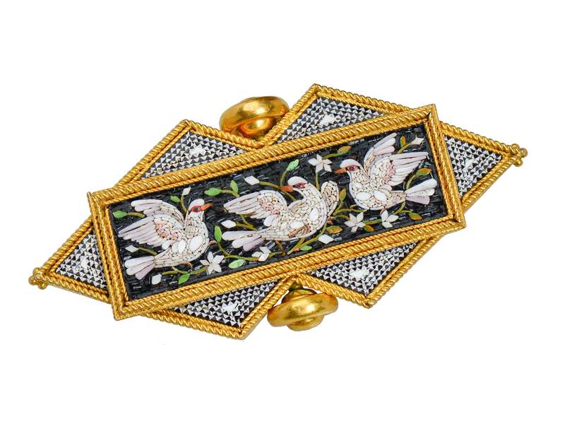 Exceptional Micro Mosaic Brooch of Doves - Original Box