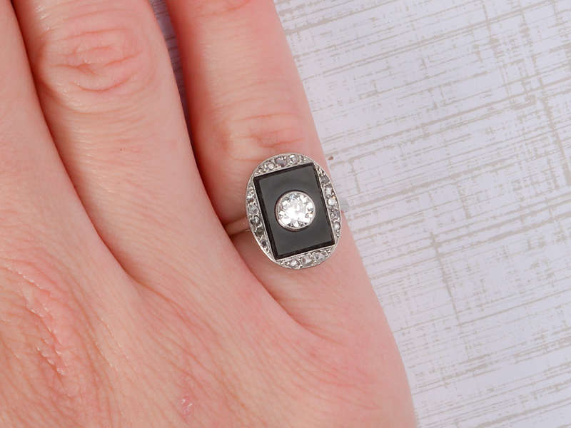 French Onyx Diamond Art Deco Ring
