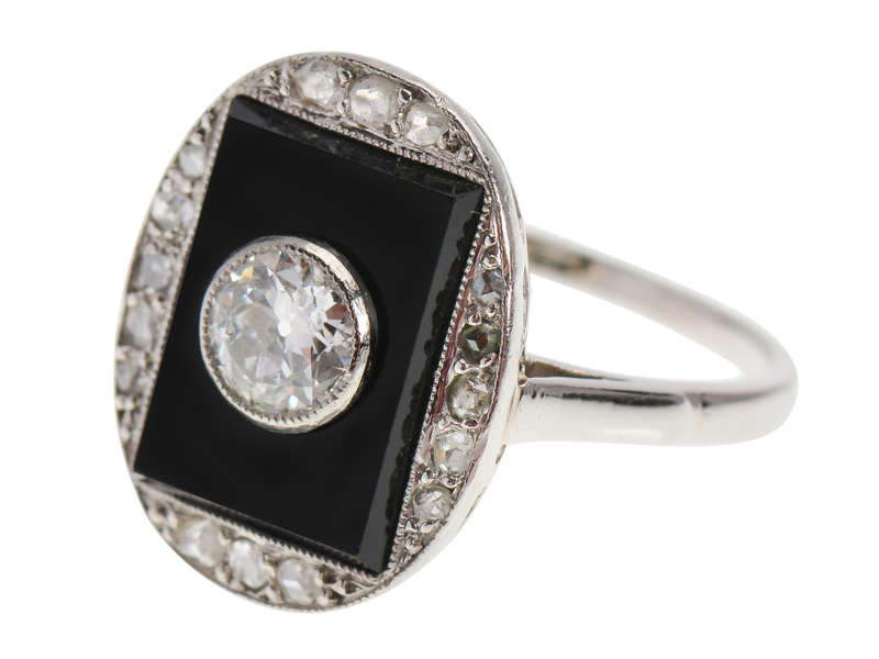 French Onyx Diamond Art Deco Ring