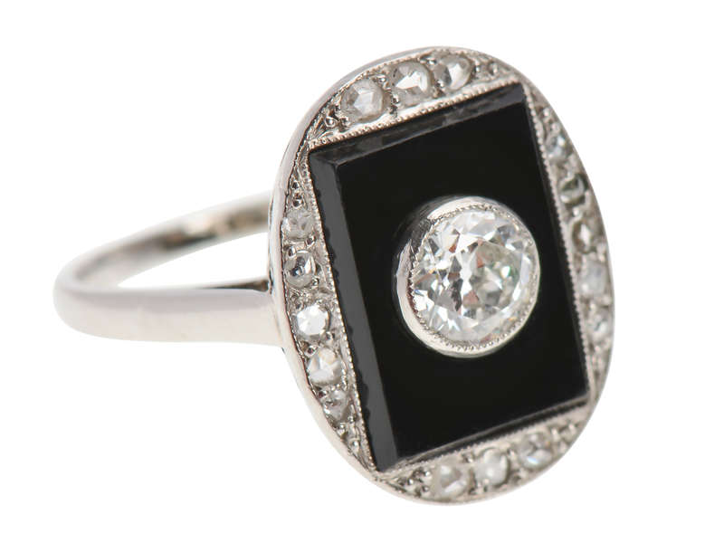 French Onyx Diamond Art Deco Ring