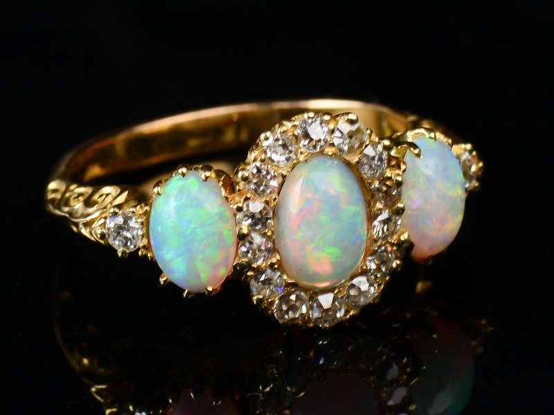 Hypnotic Antique Australian Opal Diamond Ring