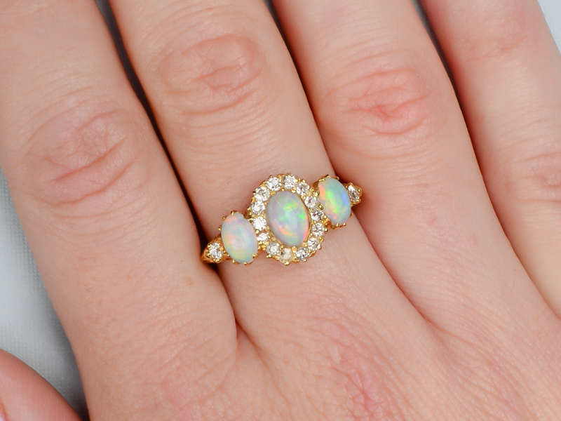Hypnotic Antique Australian Opal Diamond Ring