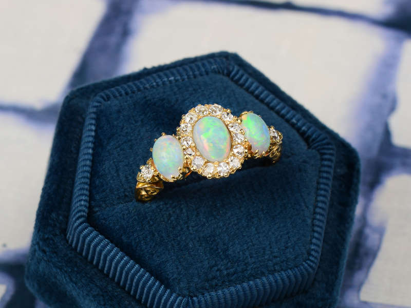 Hypnotic Antique Australian Opal Diamond Ring