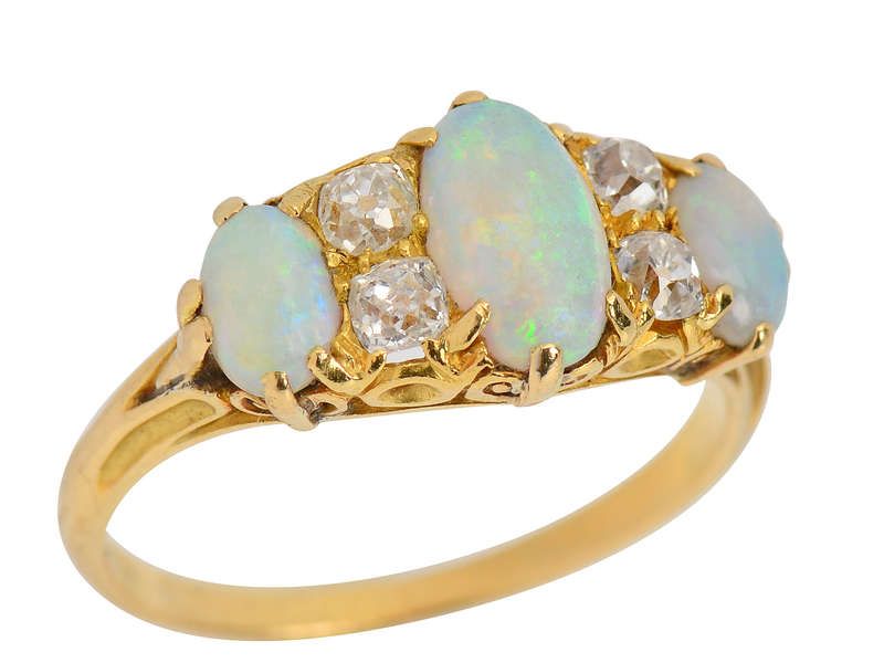 Swirling Australian Opal Diamond Antique Trilogy Ring