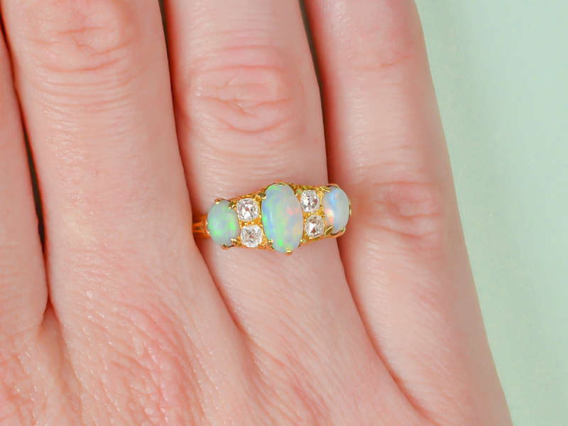 Swirling Australian Opal Diamond Antique Trilogy Ring