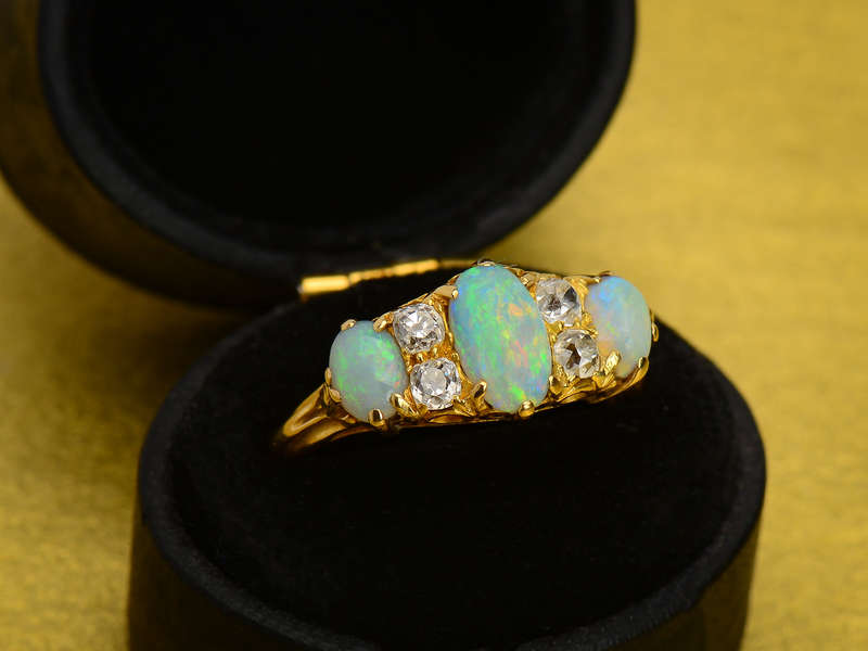 Swirling Australian Opal Diamond Antique Trilogy Ring
