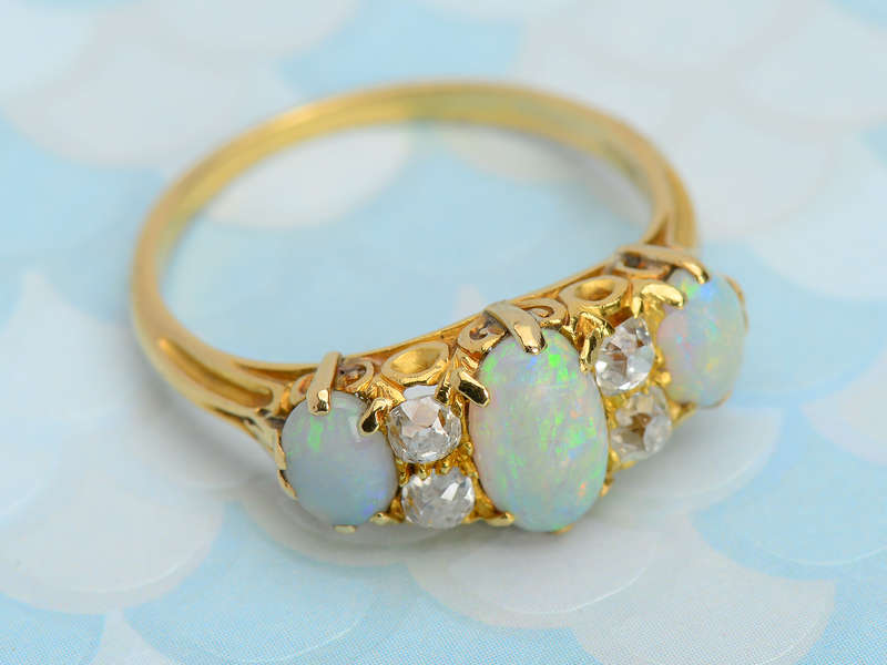 Swirling Australian Opal Diamond Antique Trilogy Ring