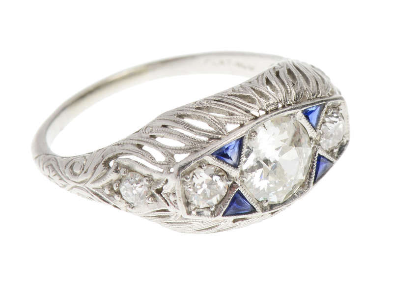 Fine Three Diamond Platinum Art Deco Trilogy Ring