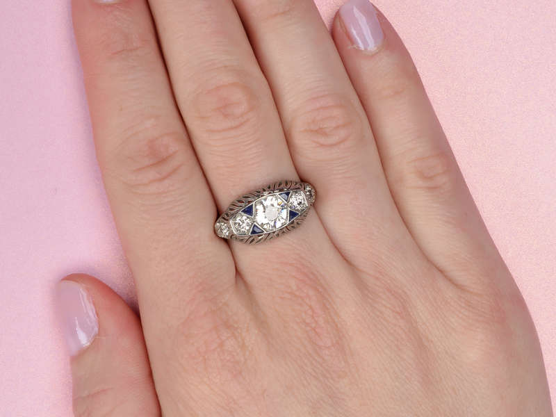 Fine Three Diamond Platinum Art Deco Trilogy Ring