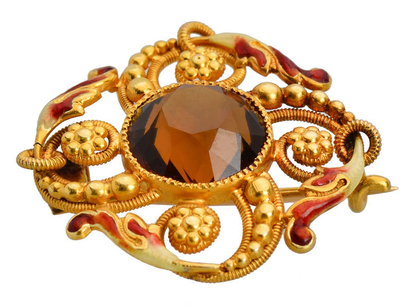 Riker Brothers Enamel & Smoky Quartz Brooch
