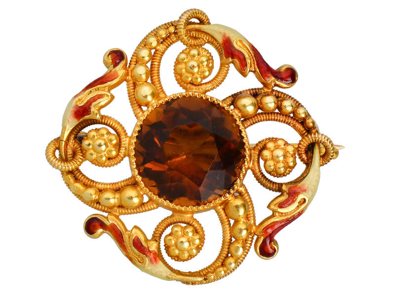 Riker Brothers Enamel & Smoky Quartz Brooch
