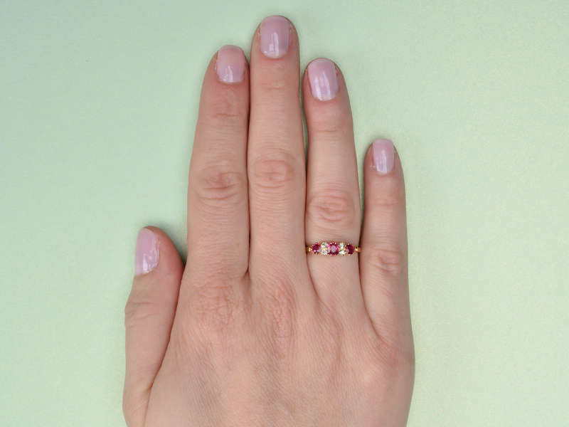 Ruby Diamond Duo - Antique 18k Gold Trilogy Ring of 1911