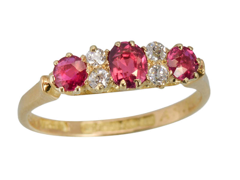 Ruby Diamond Duo - Antique 18k Gold Trilogy Ring of 1911