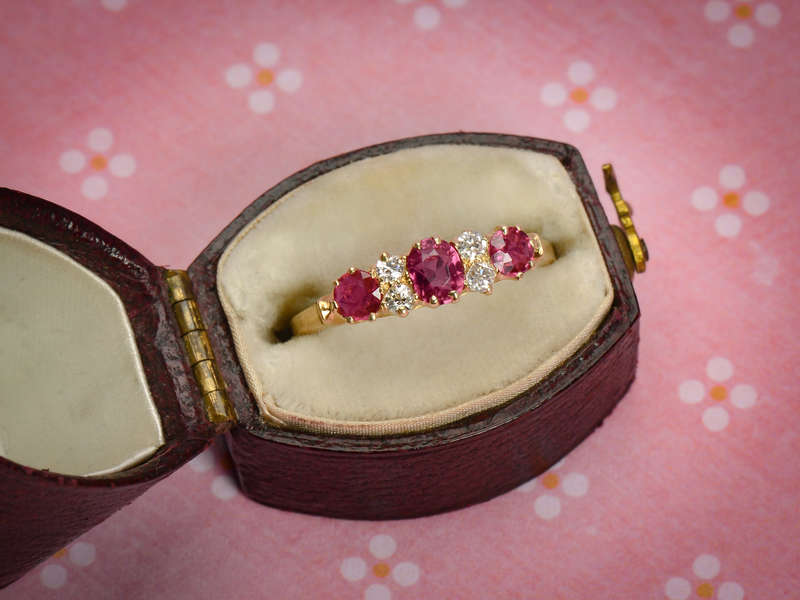 Ruby Diamond Duo - Antique 18k Gold Trilogy Ring of 1911