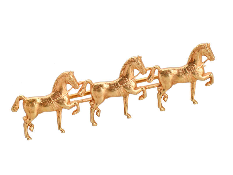 Sloan & Co. Three Horse Gold Brooch