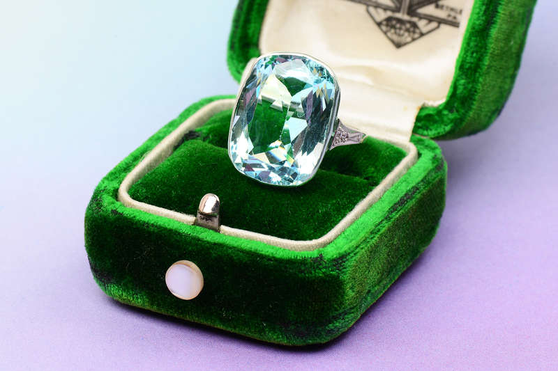 Sublime Art Deco Huge Aquamarine Solitaire Ring