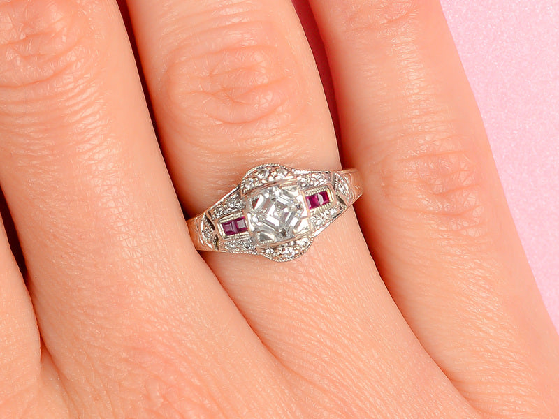 
                      
                        Vintage Asscher Diamond Ruby Ring
                      
                    