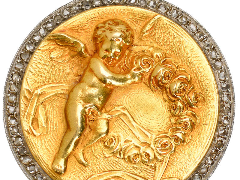 
                      
                        French 18k Gold Diamond Cherub Locket of 1913
                      
                    