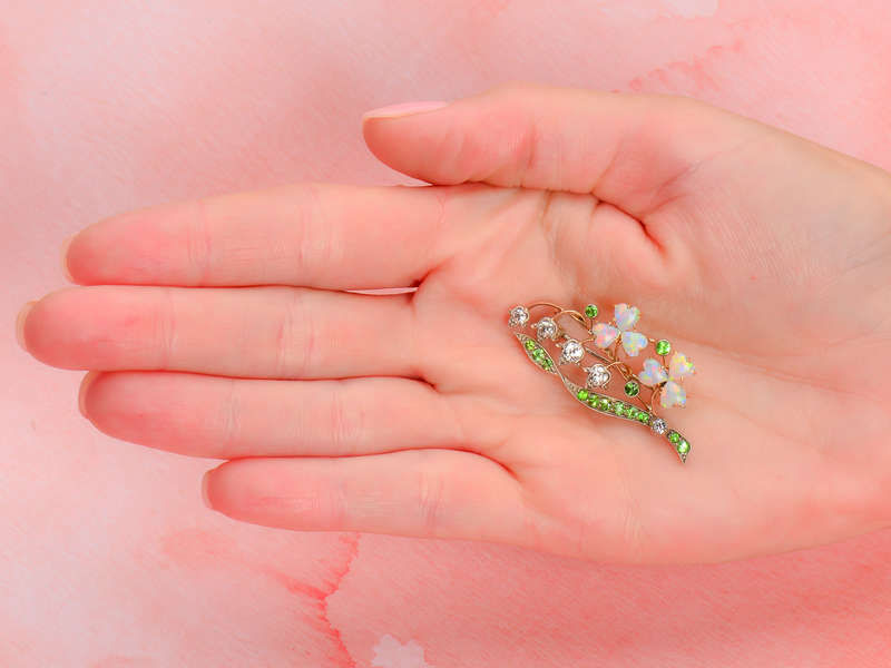 
                      
                        Opal Demantoid Clover & Lily of the Valley Brooch
                      
                    