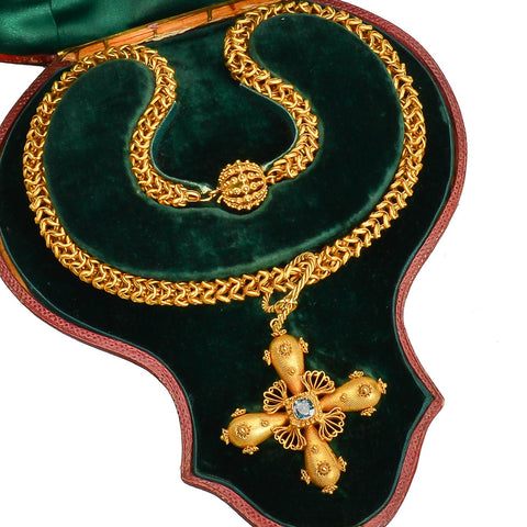 Rare Georgian Gold & Cannetille Chain & Cross in Box
