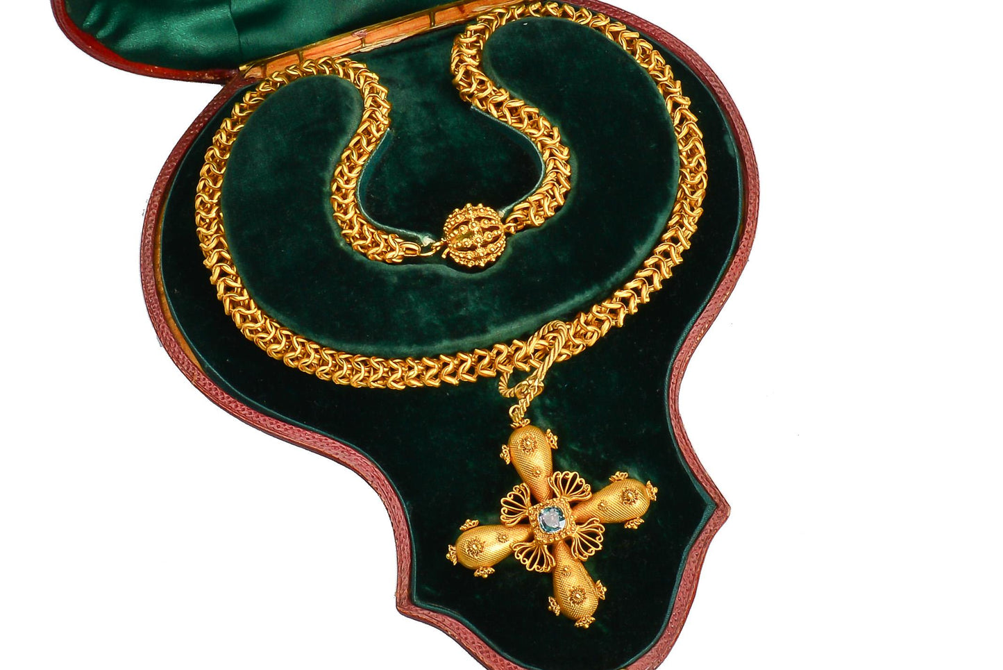 Rare Georgian Gold & Cannetille Chain & Cross in Box