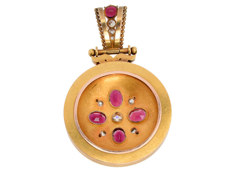 
                      
                        Opulent Victorian Garnet Diamond Etruscan Revival Pendant
                      
                    