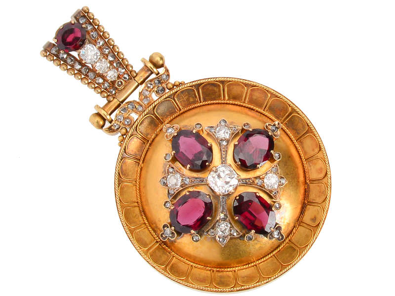 
                      
                        Opulent Victorian Garnet Diamond Etruscan Revival Pendant
                      
                    