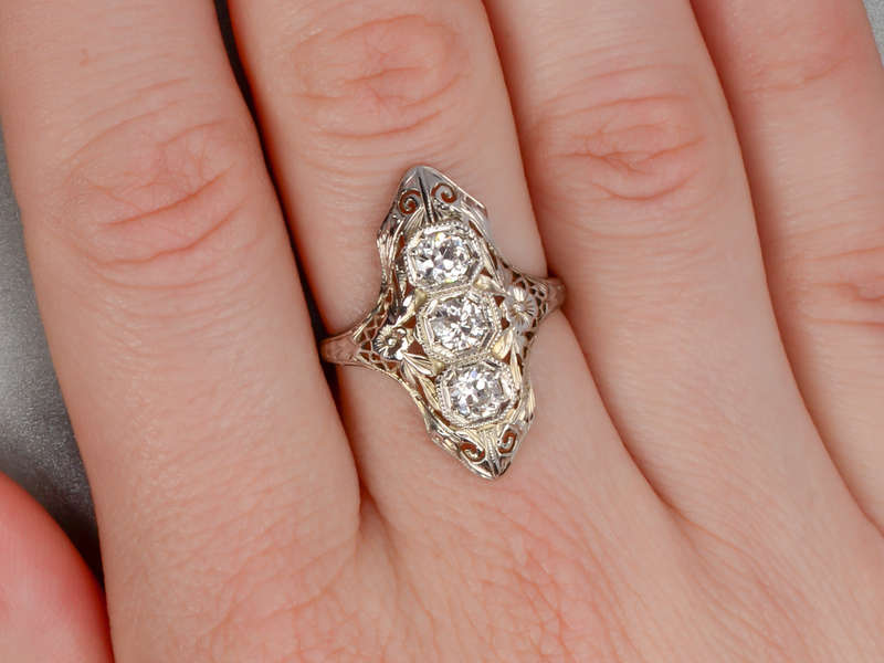 
                      
                        Daring Trio - Art Deco Diamond Filigree Trilogy Ring
                      
                    