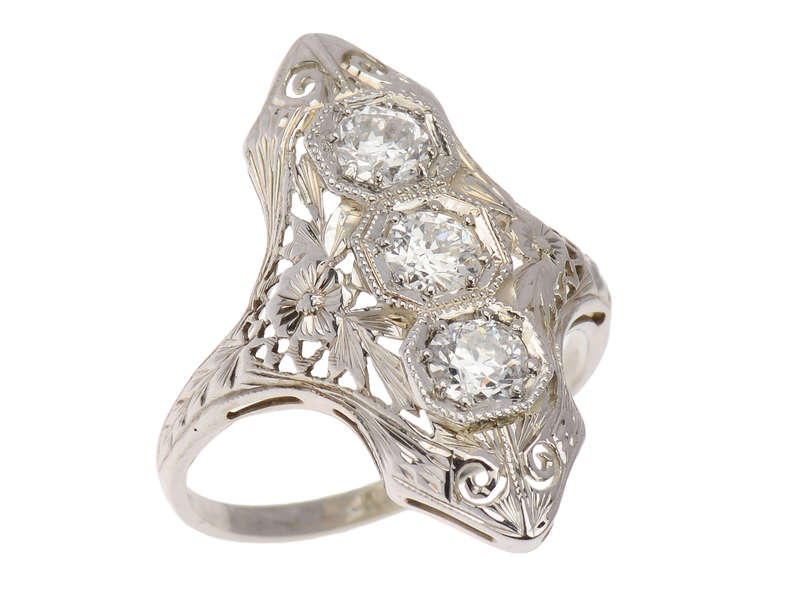 
                      
                        Daring Trio - Art Deco Diamond Filigree Trilogy Ring
                      
                    