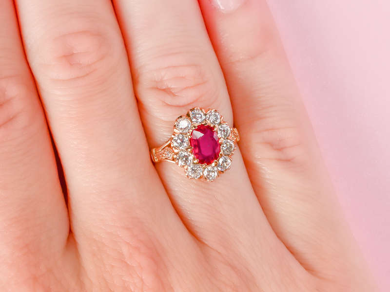 
                      
                        Ruby Diamond Oval Rose Gold Cluster Ring
                      
                    