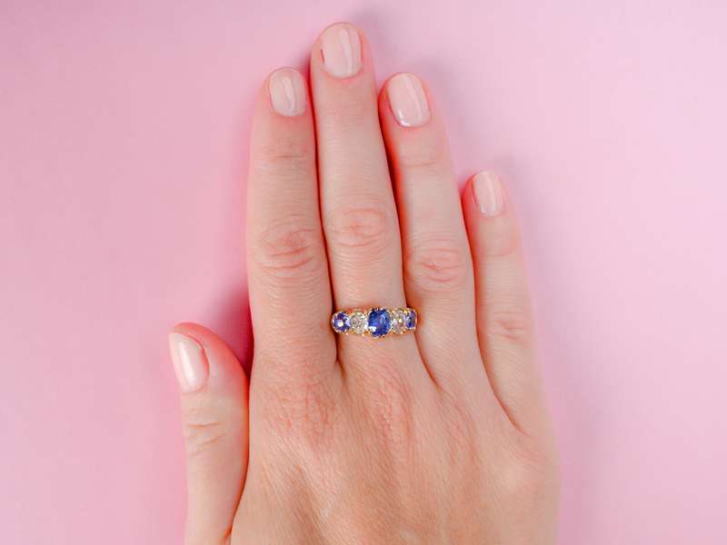 
                      
                        No Heat Ceylon Sapphire Diamond Five Stone Ring
                      
                    