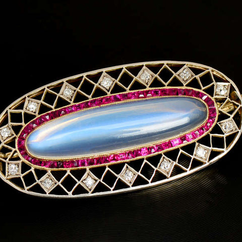 Edwardian Moonstone Ruby Diamond Brooch