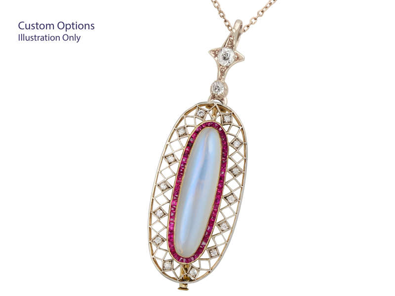 
                      
                        Edwardian Moonstone Ruby Diamond Brooch
                      
                    