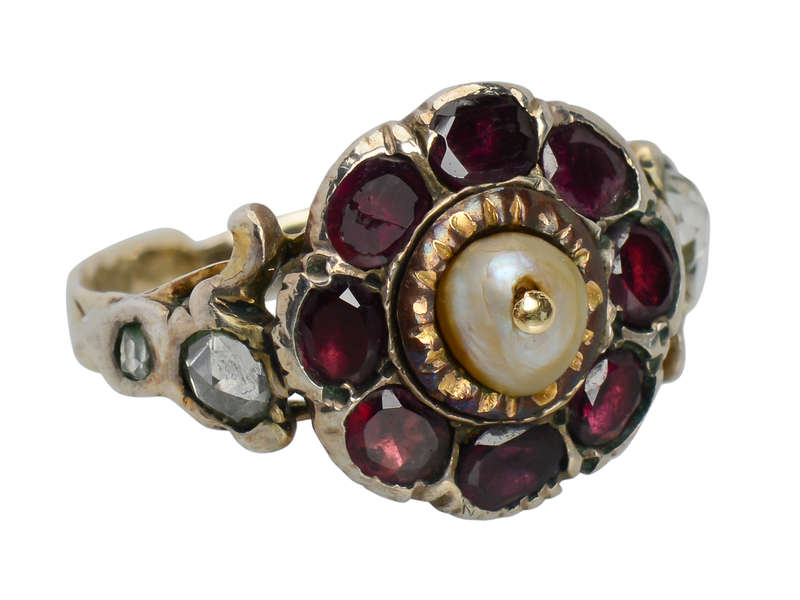 
                      
                        Georgian Garnet Diamond & Natural Pearl Ring
                      
                    