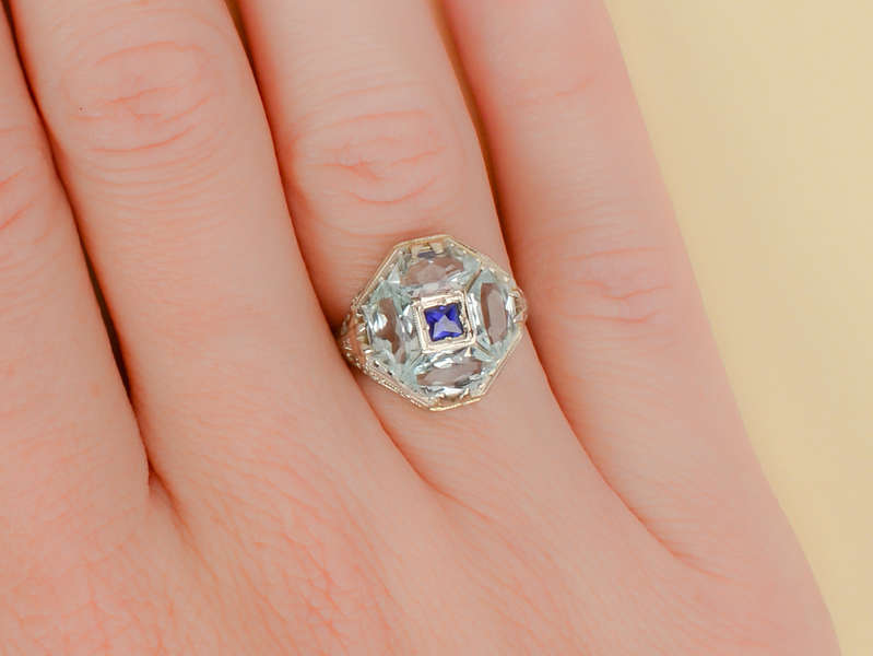
                      
                        Fancy Free - Aquamarine Sapphire Art Deco Ring
                      
                    