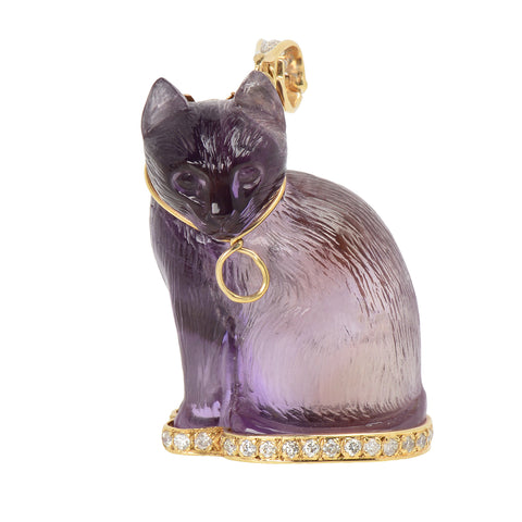 Carved Amethyst Cat Diamond Gold Pendant